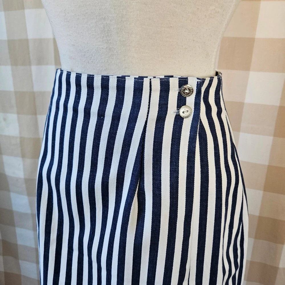 Vtg 90s‎ BANJO Dallas Texas Navy White Stripe Lace Up Top Mini Skirt Set Medium